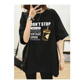 Trendseninle Vintage Drink Baskılı Siyah Oversize Kadın T-shirt