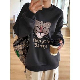 Trendseninle Vintage Style Baskılı Koyu Füme Bisiklet Yaka Kadın Sweatshirt