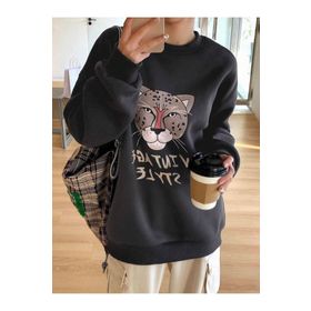 Trendseninle Vintage Style Baskılı Koyu Füme Bisiklet Yaka Kadın Sweatshirt