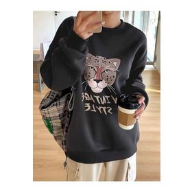 Trendseninle Vintage Style Baskılı Koyu Füme Bisiklet Yaka Kadın Sweatshirt