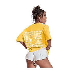 Trendseninle Wish Happy Everyday Baskılı Sarı Oversize Kadın T-shirt