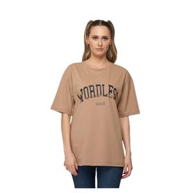 Trendseninle Wordless Baskılı Vizon Kahverengi Oversize Kadın T-shirt