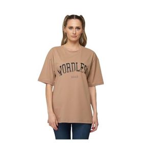 Trendseninle Wordless Baskılı Vizon Kahverengi Oversize Kadın T-shirt