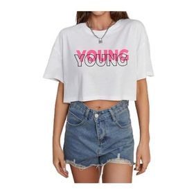 Trendseninle Young Baskılı Beyaz Bisiklet Yaka Crop Oversize Kadın T-shirt