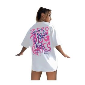 Trendseninle Zero Bug Games Baskılı Beyaz Bisiklet Yaka Oversize Kadın T-shirt