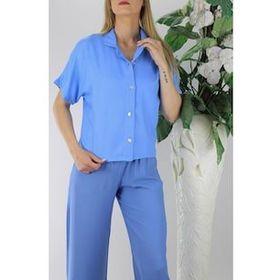 Trendypazar Mavi 128865 Sedef Düğmeli Krep Gömlek