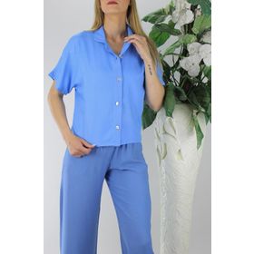 Trendypazar Mavi 128865 Sedef Düğmeli Krep Gömlek