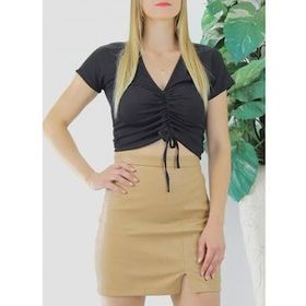Trendypazar Siyah 129333 Ön Büzgülü Crop Bluz