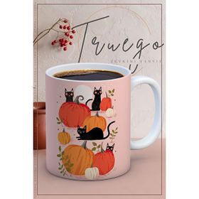 Truego Halloween Kedi ve Balkabağı Baskılı Porselen Kupa