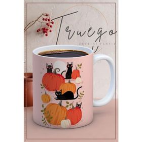 Truego Halloween Kedi ve Balkabağı Baskılı Porselen Kupa