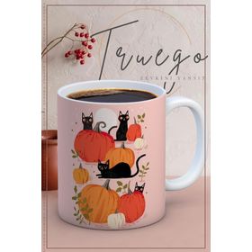 Truego Halloween Kedi ve Balkabağı Baskılı Porselen Kupa