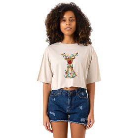 Tshirthane Adorable Reindeer Christmas Bej Kadın Crop