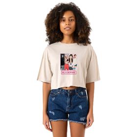 Tshirthane Black Pink Band Bej Kadın Crop