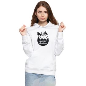 Tshirthane P21904S2467 Merry Christmas Sleigh 3ip Kapşonlu Kadın Beyaz Sweatshirt