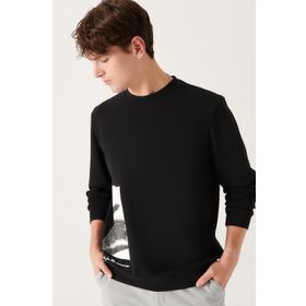 Tshirthane Siyah Bisiklet Yaka Baskılı Sweatshirt