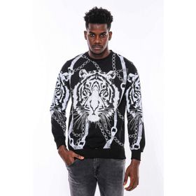 Tshirthane Siyah Taşlı Baskılı Bisiklet Yaka Sweatshirt
