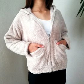 Tshirthane Taş Rengi Yumuşacık Peluş Kapşonlu Fermuarlı Erkek Sweatshirt