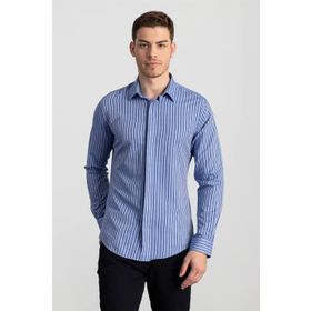 Tudors 2332 Slim Fit Dar Kesim Çizgili Oxford Spor Gömlek