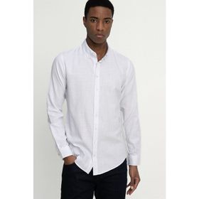Tudors 26921 Slim Fit Uzun Kol Biyeli Yaka Düğmeli Keten Erkek Beyaz Gömlek