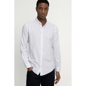 Tudors 26921 Slim Fit Uzun Kol Biyeli Yaka Düğmeli Keten Erkek Beyaz Gömlek