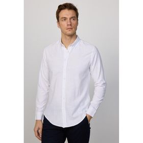 Tudors 26921 Slim Fit Uzun Kol Biyeli Yaka Düğmeli Keten Erkek Beyaz Gömlek