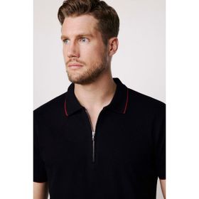 Tudors 27140 Erkek Polo Yaka Slim Fit Pamuk Fermuarlı Pike Siyah T-Shirt