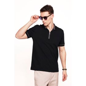 Tudors 27140 Erkek Polo Yaka Slim Fit Pamuk Fermuarlı Pike Siyah T-Shirt