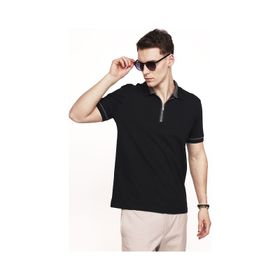 Tudors 27140 Erkek Polo Yaka Slim Fit Pamuk Fermuarlı Pike Siyah T-Shirt