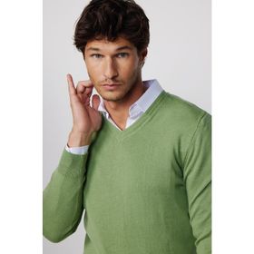 Tudors 28335 Slim Fit V Yaka Pamuklu Yeşil Erkek Kazak