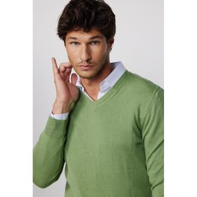 Tudors 28335 Slim Fit V Yaka Pamuklu Yeşil Erkek Kazak