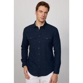 Tudors 29634 Slim Fit Uzun Kol Çift Cep Pamuk Keten Spor Yaka Lacivert Erkek Gömlek