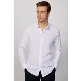 Tudors DR230022-301 Slim Fit Dar Kesim Uzun Kol Dökümlü Viskon Şık Erkek Beyaz Gömlek