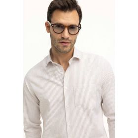 Tudors Erkek Regular Fit Klasik Kesim Tek Cepli Çizgili Bej İtalyan Yaka Gömlek
