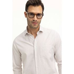 Tudors Erkek Regular Fit Klasik Kesim Tek Cepli Çizgili Bej İtalyan Yaka Gömlek