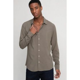 Tudors Slim Fit Dar Kesim Uzun Kol Dökümlü Viskon Şık Erkek Haki Gömlek