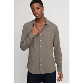 Tudors Slim Fit Dar Kesim Uzun Kol Dökümlü Viskon Şık Erkek Haki Gömlek