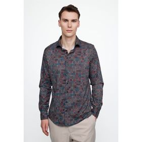 Tudors Slim Fit Dar Kesim Uzun Kol Likralı Baskılı Yüksek Yaka Erkek Gömlek