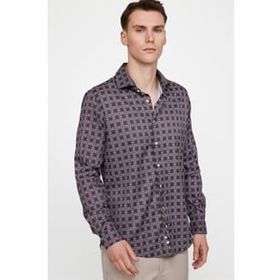 Tudors Slim Fit Dar Kesim Uzun Kol Likralı Baskılı Yüksek Yaka Erkek Gömlek