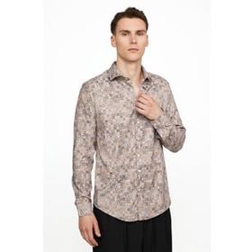 Tudors Slim Fit Dar Kesim Uzun Kol Likralı Baskılı Yüksek Yaka Erkek Renkli Gömlek