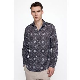 Tudors Slim Fit Dar Kesim Uzun Kol Likralı Baskılı Yüksek Yaka Erkek Renkli Gömlek