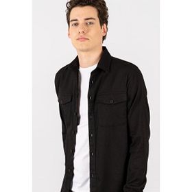 Tudors Slim Fit Düz Cepli Gabardin Erkek Siyah Gömlek