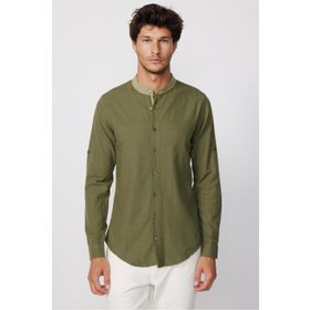 Tudors Slim Fit Düz Hakim Yaka Kol Apoletli Ketenli Haki Erkek Gömlek