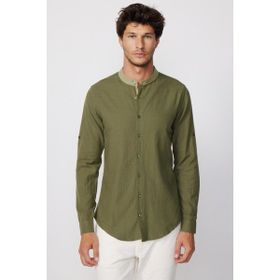 Tudors Slim Fit Düz Hakim Yaka Kol Apoletli Ketenli Haki Erkek Gömlek