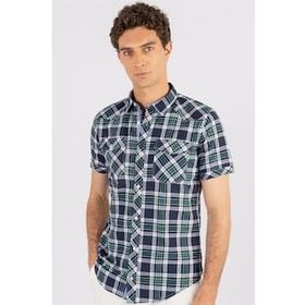 Tudors Slim Fit Kısa Kol Ekose Çift Cep Kapaklı Teksas Model Erkek Gömlek