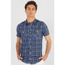 Tudors Slim Fit Kısa Kol Ekose Kapaklı Teksas Model Erkek Gömlek
