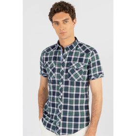 Tudors Slim Fit Kısa Kol Ekose Kapaklı Teksas Model Erkek Gömlek