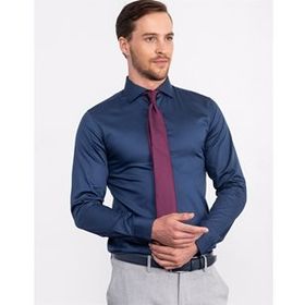 Tudors Slim Fit Pamuk Saten Lacivert Erkek Gömlek