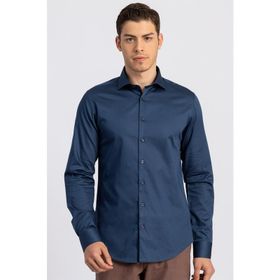 Tudors Slim Fit Pamuk Saten Lacivert Erkek Gömlek