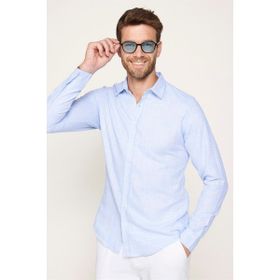 Tudors Slim Fit Pamuklu Keten Düz Yazlık Erkek Mavi Gömlek