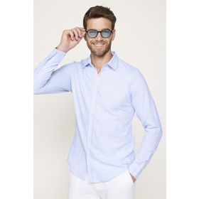 Tudors Slim Fit Pamuklu Keten Düz Yazlık Erkek Mavi Gömlek